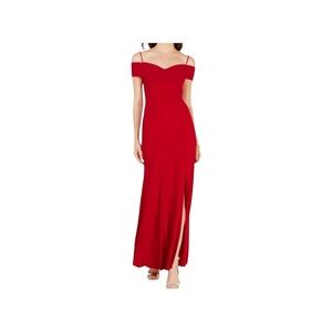 NIGHTWAY   Red Off-The-Shoulder Strap Jersey  Lined Side Slit Maxi Dress 8